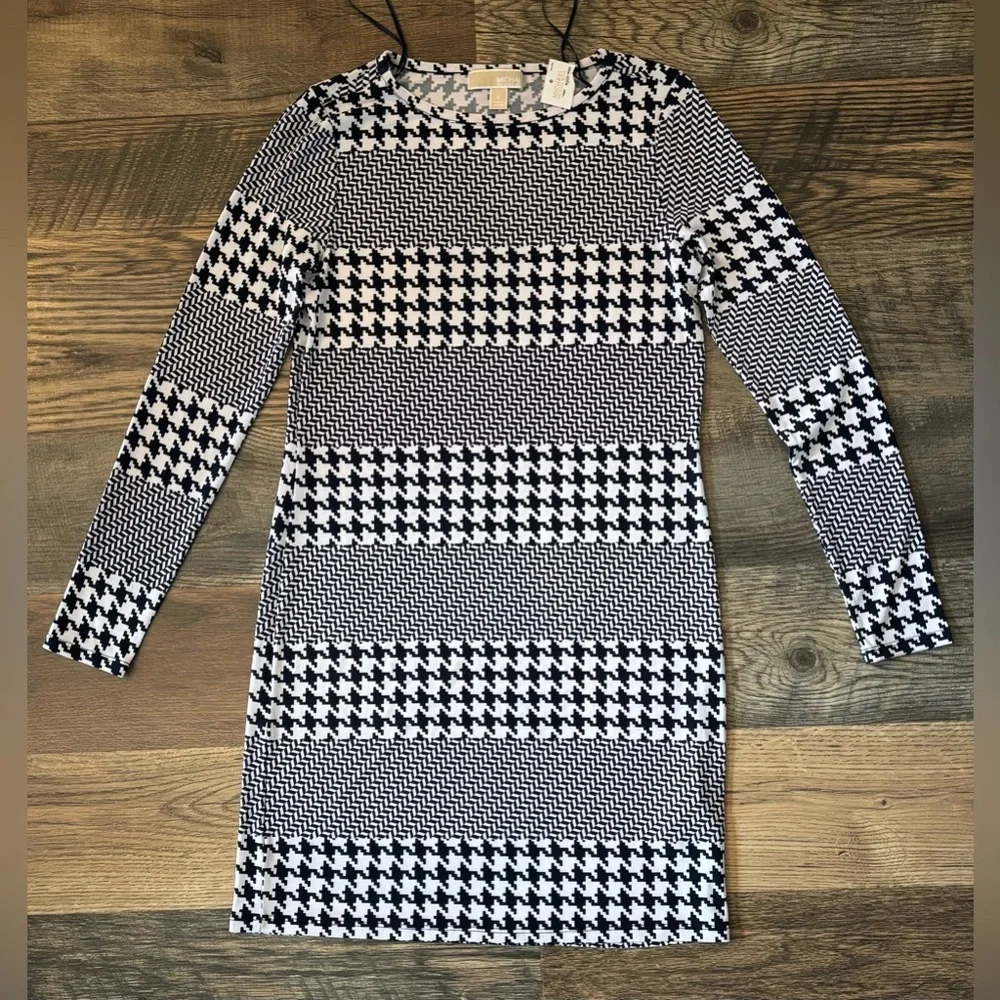 MICHAEL KORS‎ Navy herringbone White Print Shift Dress Jersey Small Houndstooth